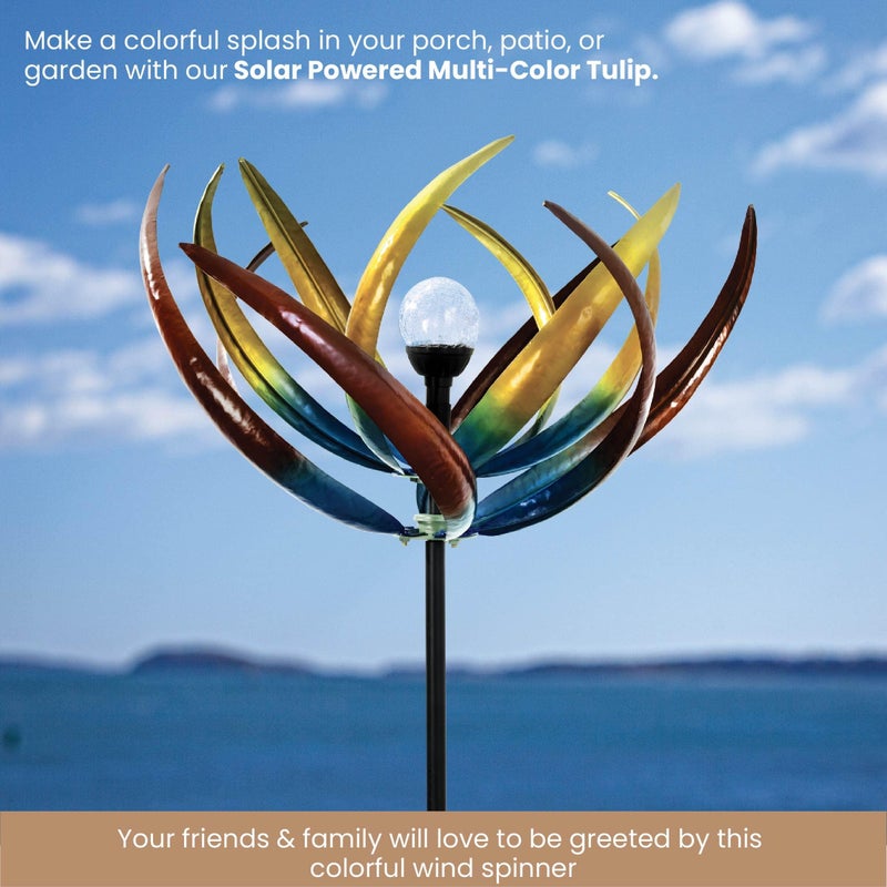 Bits and Pieces Tulip Wind Spinners Outdoor Solar Lighted Metal Wind Spinner, Large Kinetic Garden Sculptures, Crackle Glass Light, Multi-Colored Garden Decor - Image 3